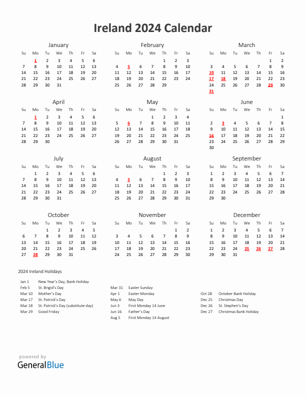 2024 Yearly Calendar Printable With Ireland Holidays