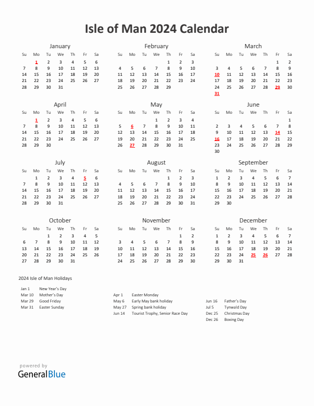 2024 Yearly Calendar Printable With Isle of Man Holidays