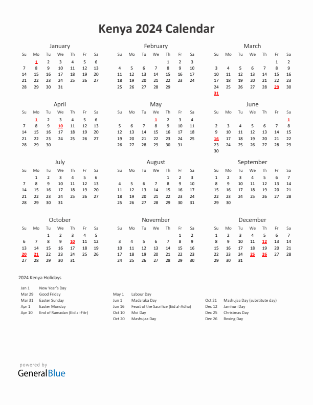 2024 Yearly Calendar Printable With Kenya Holidays