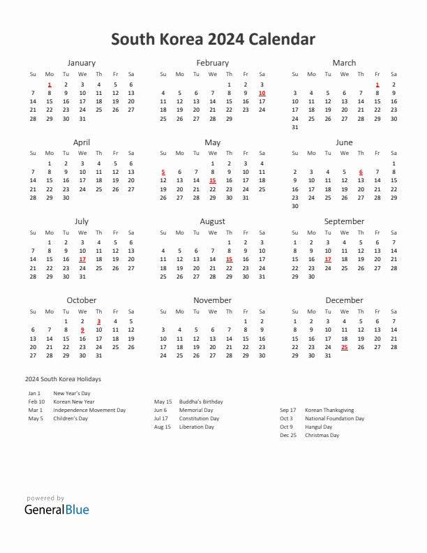 2024 Yearly Calendar Printable With South Korea Holidays