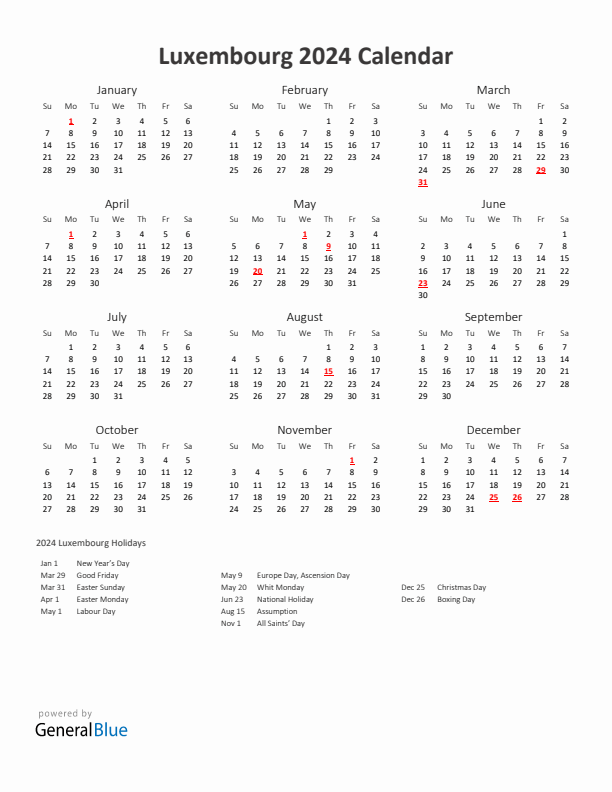 2024 Yearly Calendar Printable With Luxembourg Holidays