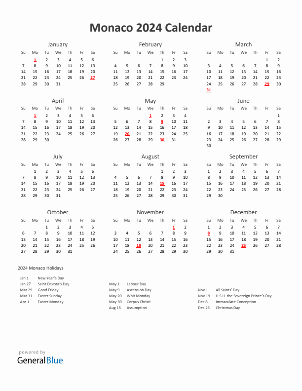 2024 Yearly Calendar Printable With Monaco Holidays