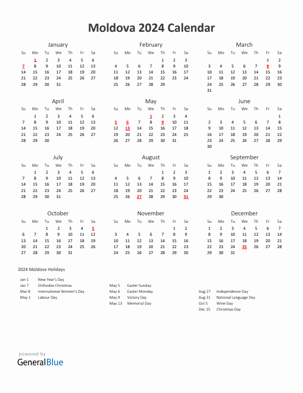 2024 Yearly Calendar Printable With Moldova Holidays