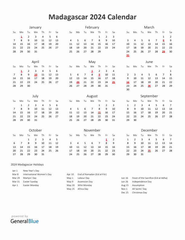 2024 Yearly Calendar Printable With Madagascar Holidays