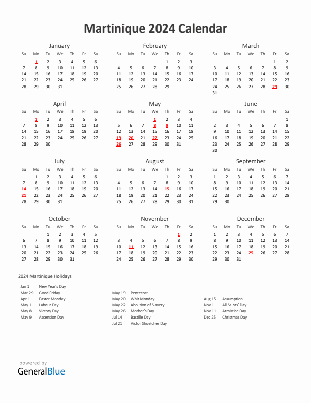 2024 Yearly Calendar Printable With Martinique Holidays