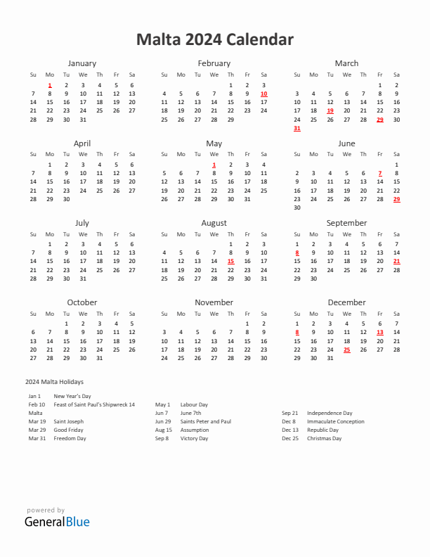 2024 Yearly Calendar Printable With Malta Holidays