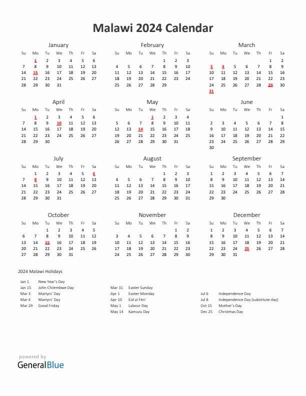 2024 Yearly Calendar Printable With Malawi Holidays