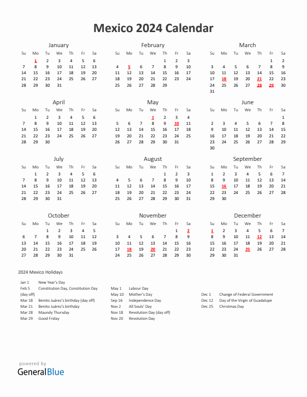 2024 Yearly Calendar Printable With Mexico Holidays