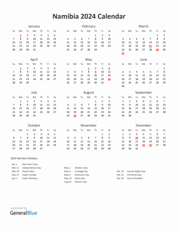 2024 Yearly Calendar Printable With Namibia Holidays