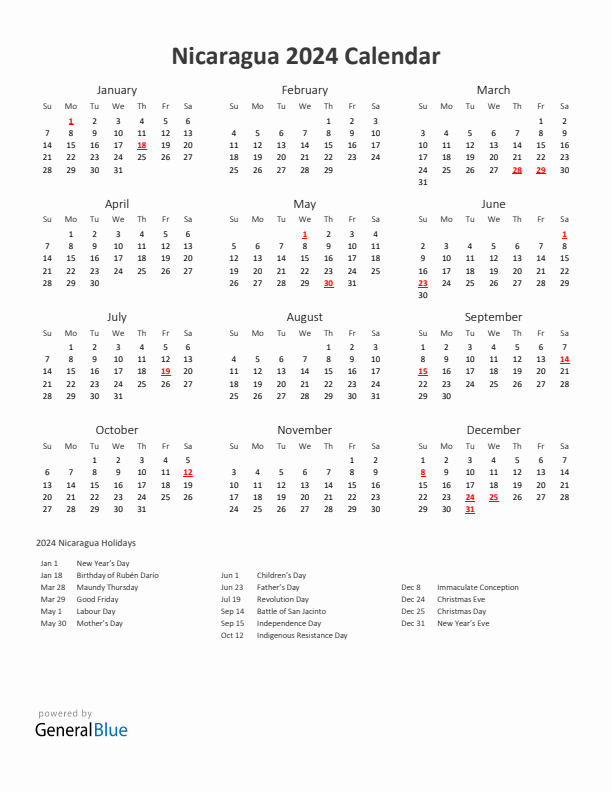 2024 Yearly Calendar Printable With Nicaragua Holidays