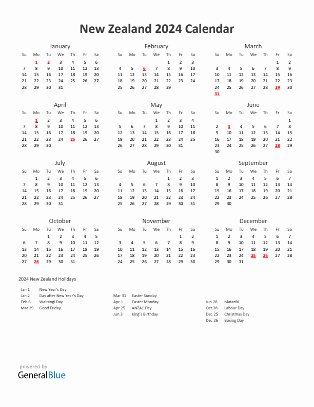 2024 Yearly Calendar Printable With New Zealand Holidays