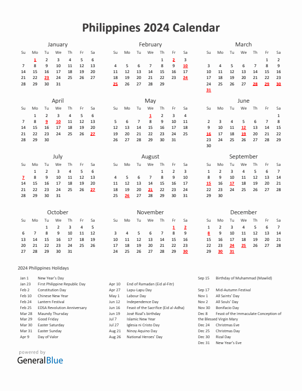 2024 Yearly Calendar Printable With Philippines Holidays