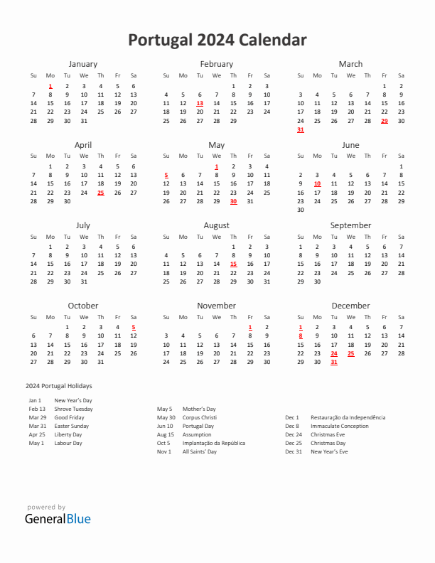 2024 Yearly Calendar Printable With Portugal Holidays