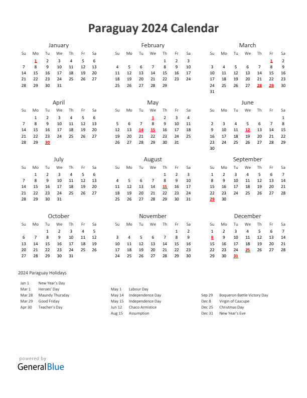 2024 Yearly Calendar Printable With Paraguay Holidays