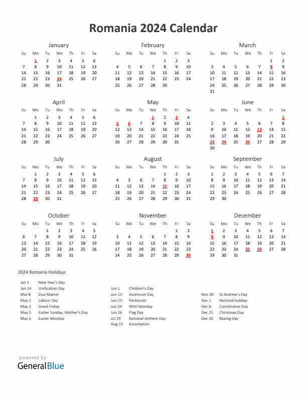 2024 Yearly Calendar Printable With Romania Holidays