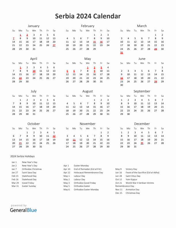 2024 Yearly Calendar Printable With Serbia Holidays