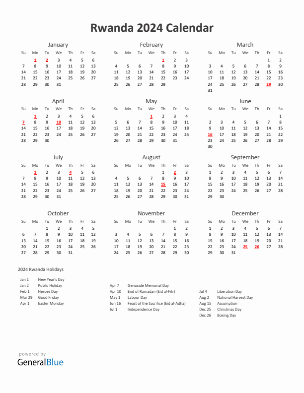 2024 Yearly Calendar Printable With Rwanda Holidays