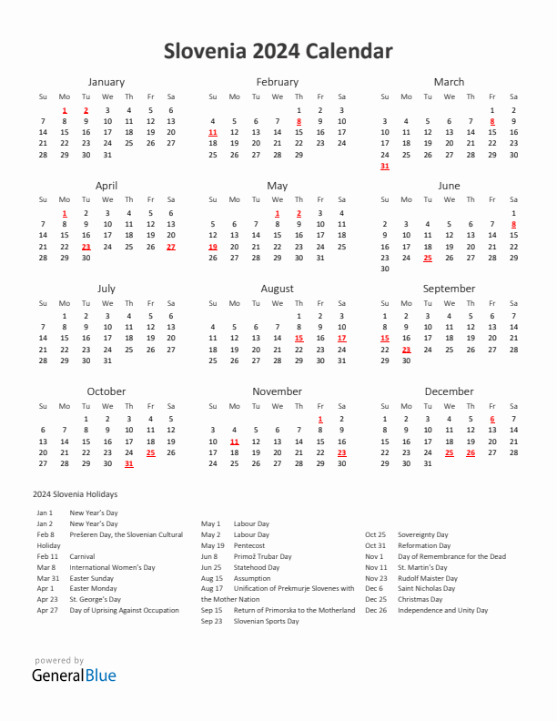 2024 Yearly Calendar Printable With Slovenia Holidays