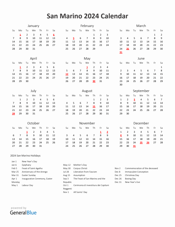 2024 Yearly Calendar Printable With San Marino Holidays