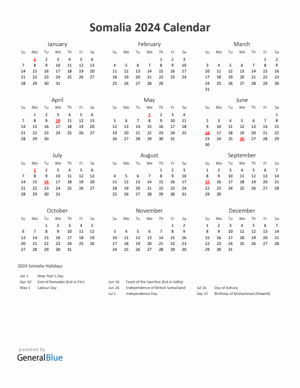 2024 Yearly Calendar Printable With Somalia Holidays