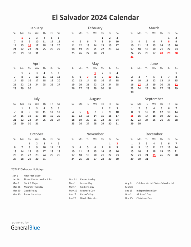 2024 Yearly Calendar Printable With El Salvador Holidays