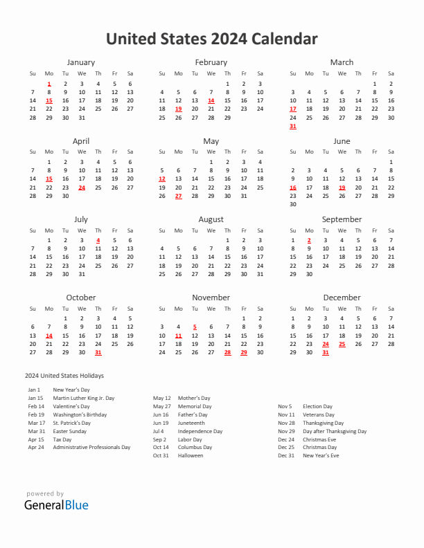 2024 Yearly Calendar Printable With United States Holidays