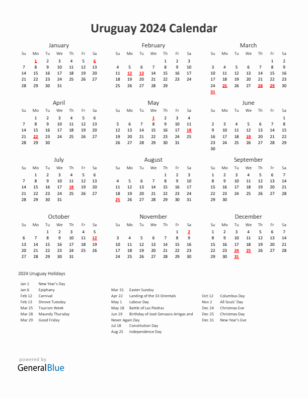 2024 Yearly Calendar Printable With Uruguay Holidays