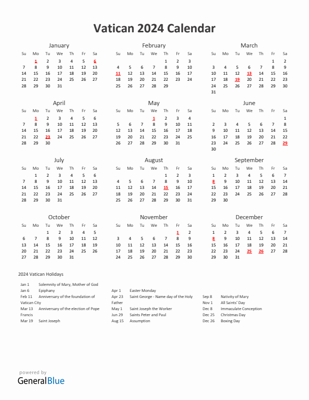 2024 Yearly Calendar Printable With Vatican Holidays