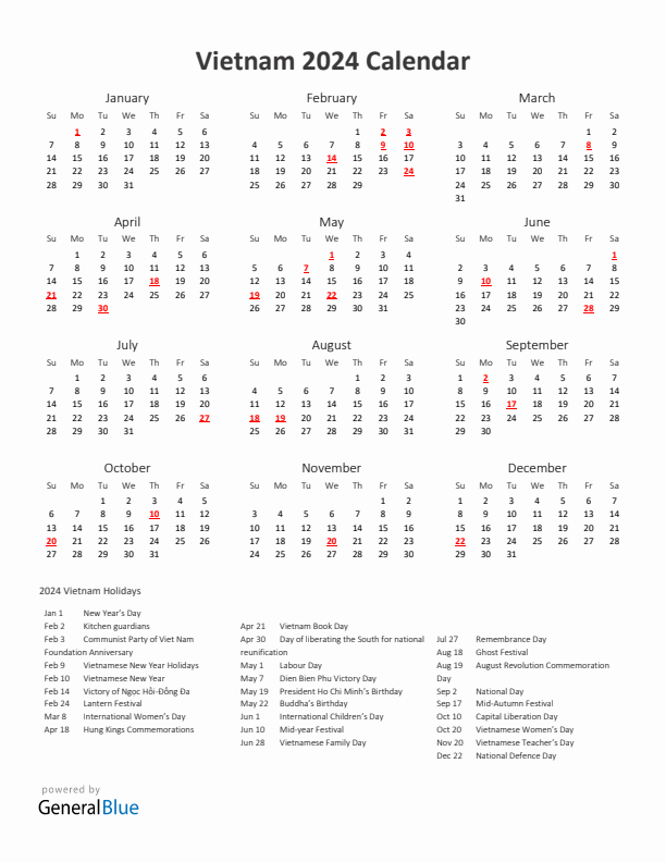 2024 Yearly Calendar Printable With Vietnam Holidays