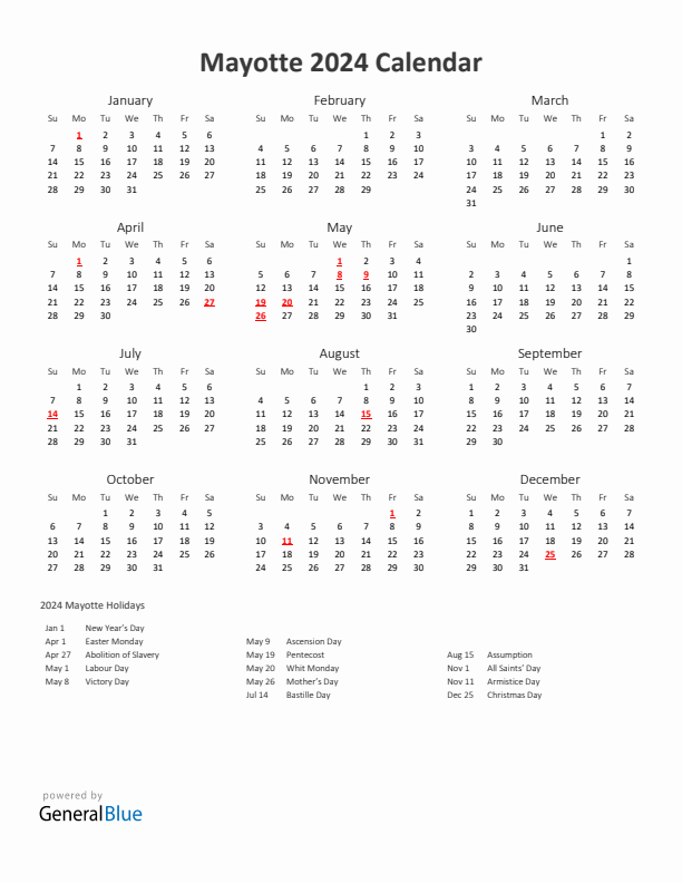 2024 Yearly Calendar Printable With Mayotte Holidays