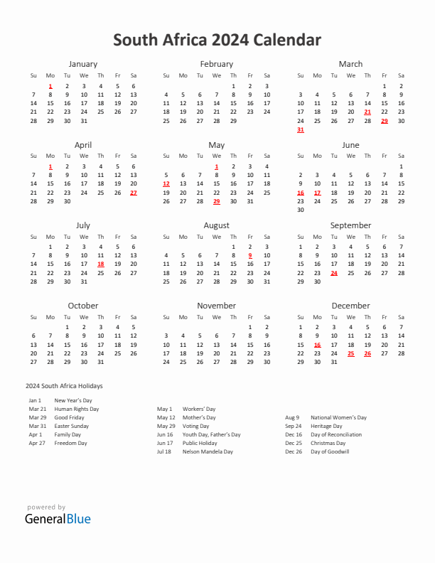 2024 Yearly Calendar Printable With South Africa Holidays