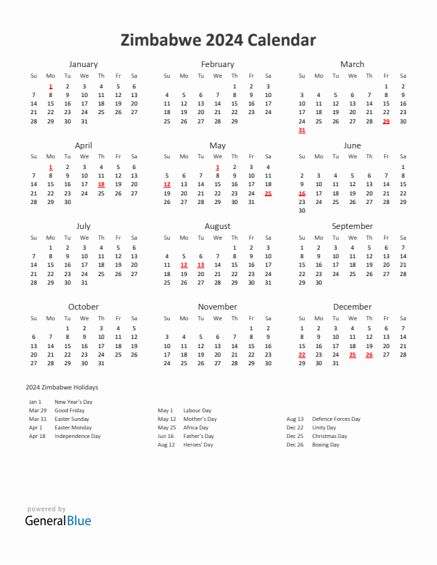 2024 Yearly Calendar Printable With Zimbabwe Holidays