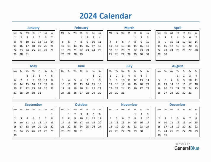 2024 Simple Yearly Calendar (PDF Excel Word)