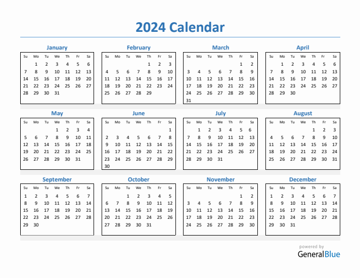 2024 Simple Yearly Calendar (PDF Excel Word)