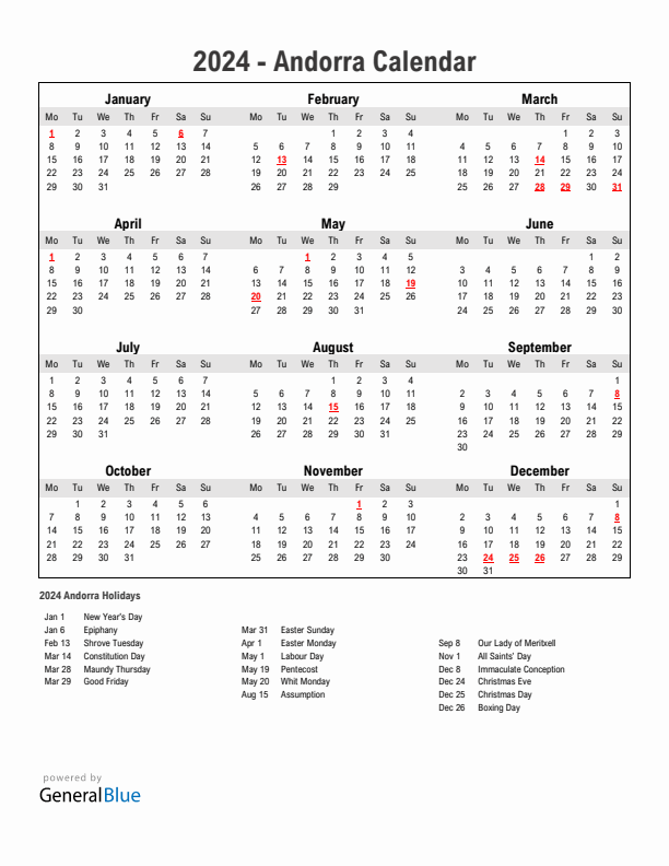 Year 2024 Simple Calendar With Holidays in Andorra