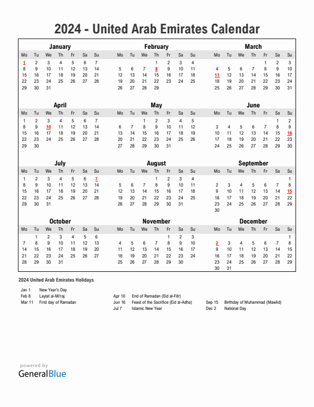 Year 2024 Simple Calendar With Holidays in United Arab Emirates