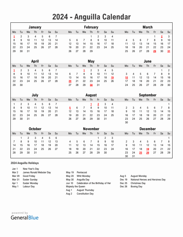 Year 2024 Simple Calendar With Holidays in Anguilla