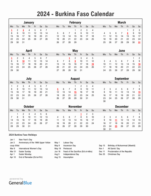 Year 2024 Simple Calendar With Holidays in Burkina Faso