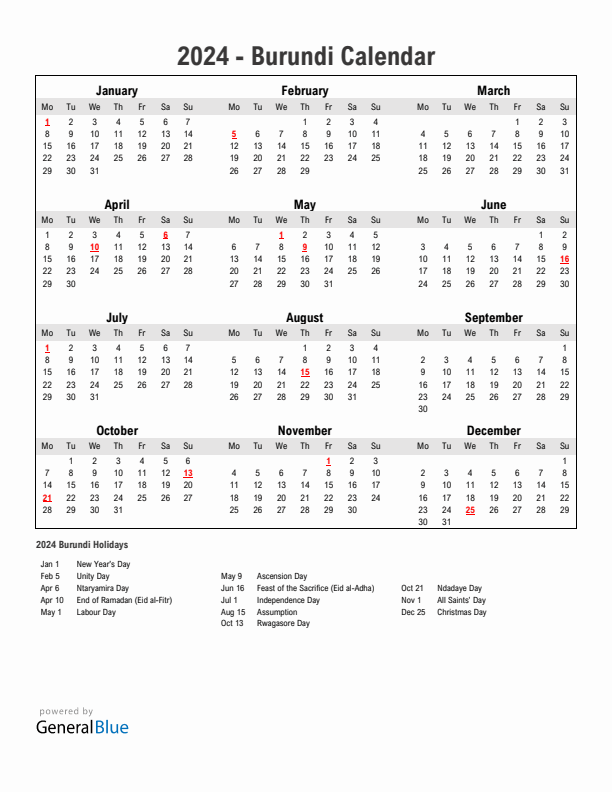 Year 2024 Simple Calendar With Holidays in Burundi