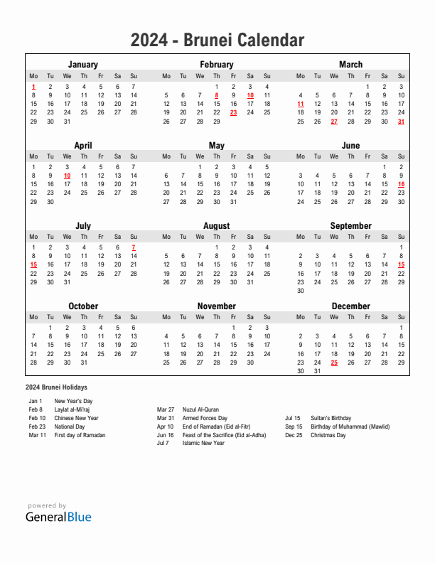 Year 2024 Simple Calendar With Holidays in Brunei