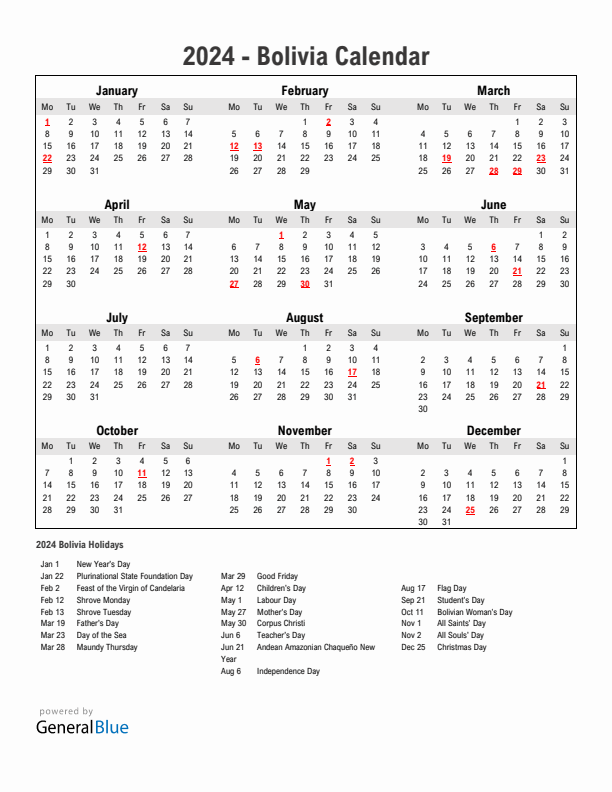 Year 2024 Simple Calendar With Holidays in Bolivia