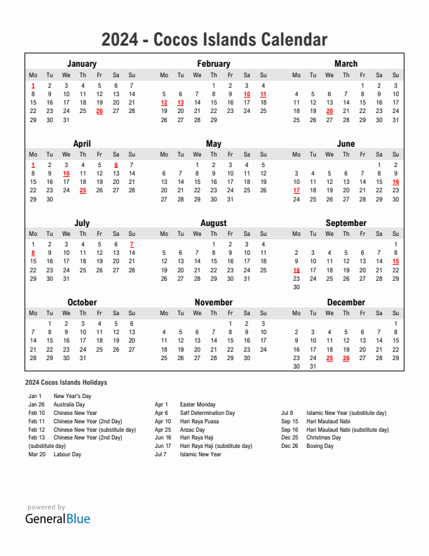 Year 2024 Simple Calendar With Holidays in Cocos Islands