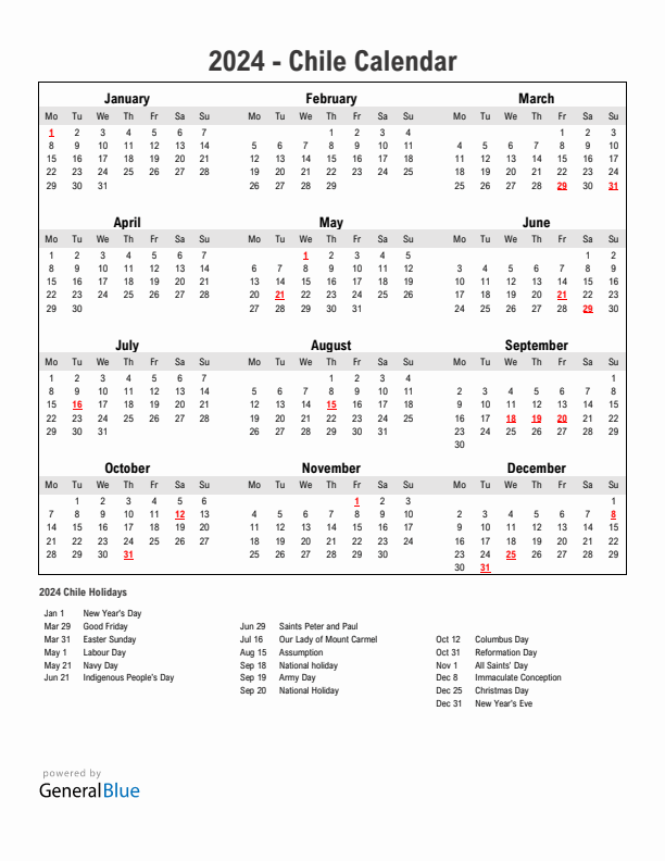 Year 2024 Simple Calendar With Holidays in Chile