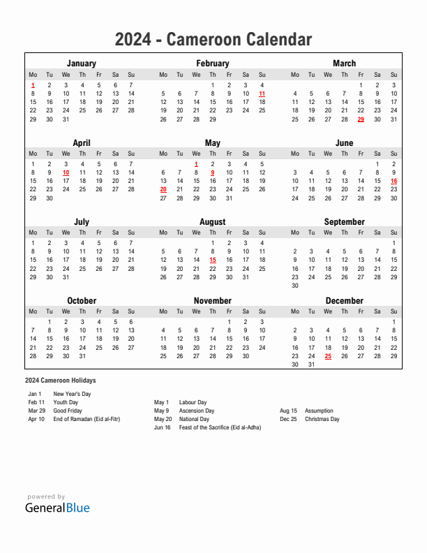 Year 2024 Simple Calendar With Holidays in Cameroon