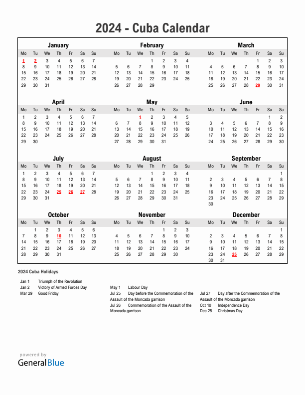 Year 2024 Simple Calendar With Holidays in Cuba