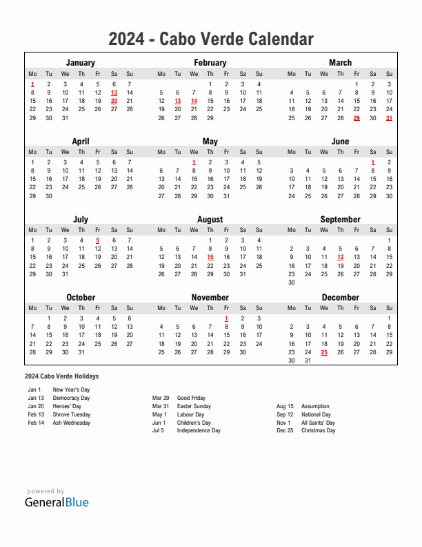 Year 2024 Simple Calendar With Holidays in Cabo Verde