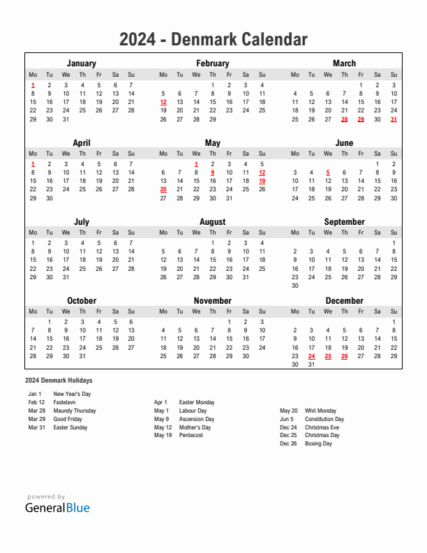 Year 2024 Simple Calendar With Holidays in Denmark