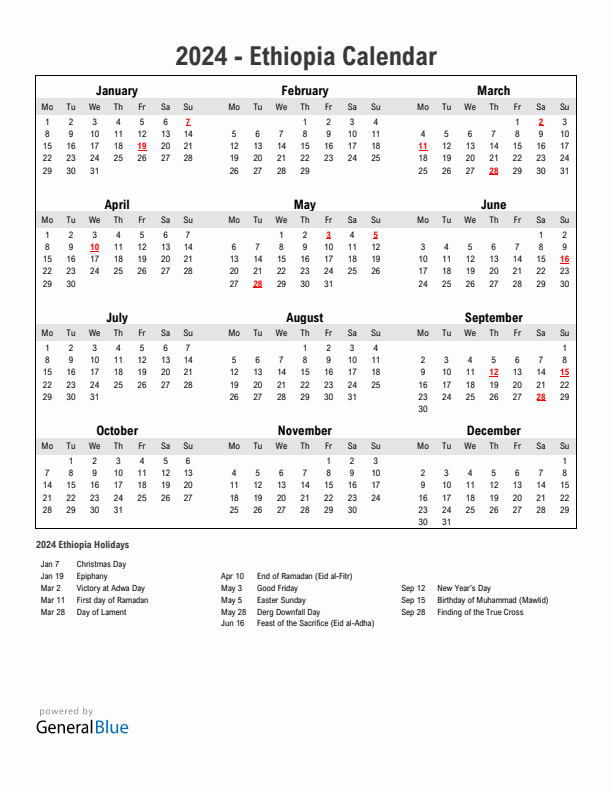 Year 2024 Simple Calendar With Holidays in Ethiopia