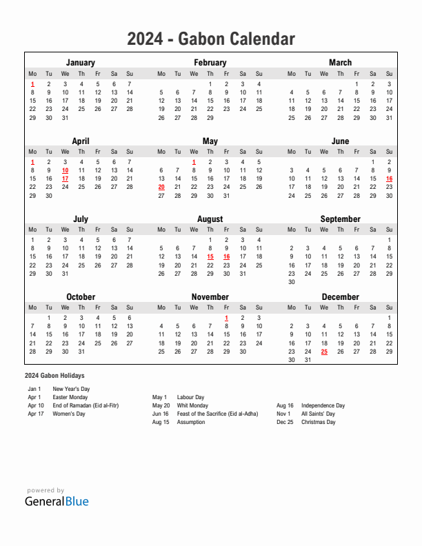 Year 2024 Simple Calendar With Holidays in Gabon