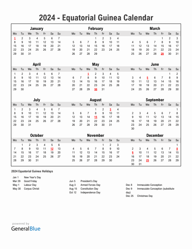 Year 2024 Simple Calendar With Holidays in Equatorial Guinea